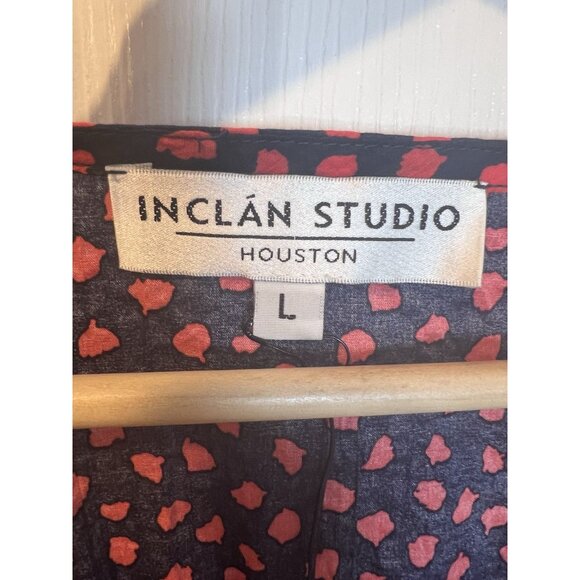 Inclan Studio Red Navy Blouse Top L 100% Cotton Short Sleeves Tie Waist V-Neck - Picture 4 of 8